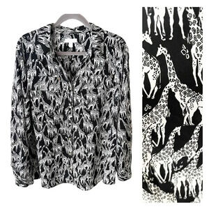 Charter Club Top Women's XL Black & White Giraffe Print Button Down Safari